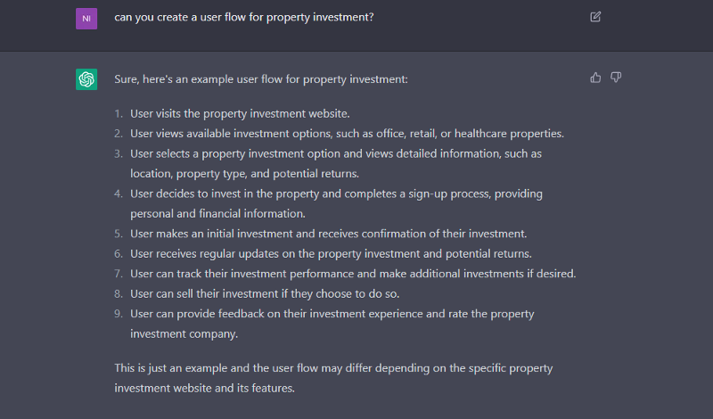 ChatGPT with user flow for property investment