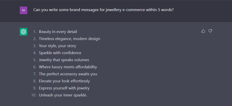 ChatGPT gives brand message examples for a Jewellery E-commerce website